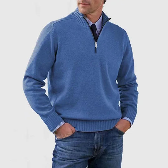 Striktrøje Herre Varm Half Zip Sweater med Høj Krave og Ribkanter