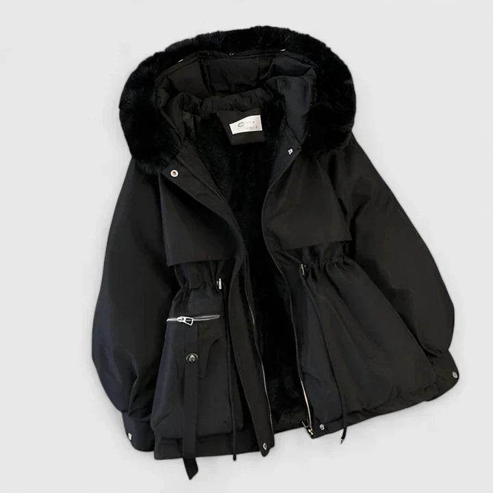 Vinterjakke Dame Kort Varm Parka med Teddyfor og Pels på Hætten