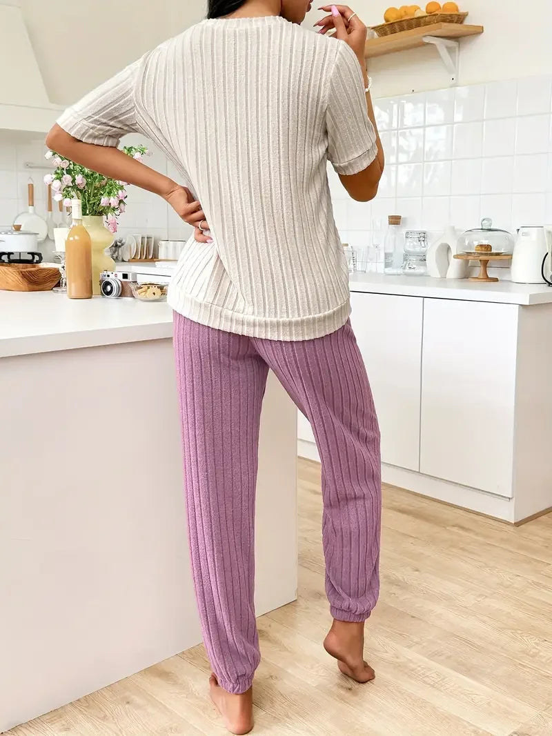 Nattøj Dame Todelt med Kortærmet Top med Hjerte og Lange Ribbukser Pyjamas