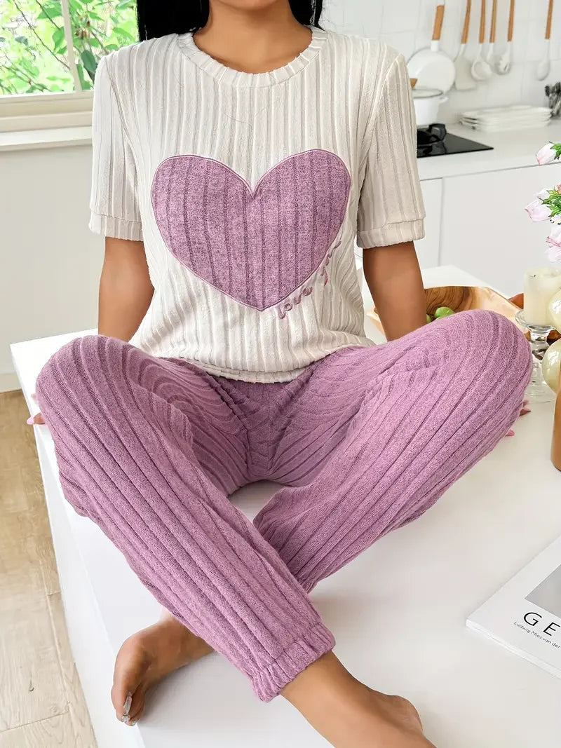 Nattøj Dame Todelt med Kortærmet Top med Hjerte og Lange Ribbukser Pyjamas