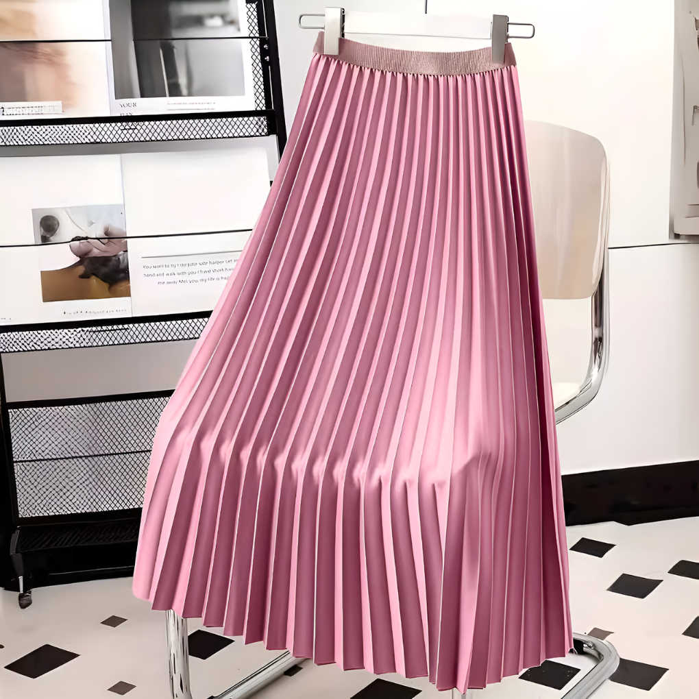 Plisseret Nederdel Dame Lang Midi Højtaljet i Læderlook med Bred Linning